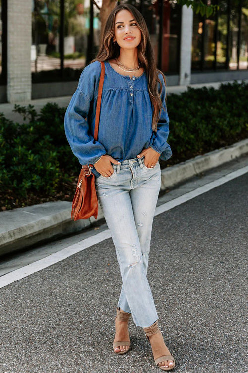 Worth The Time Denim Long Sleeve Top