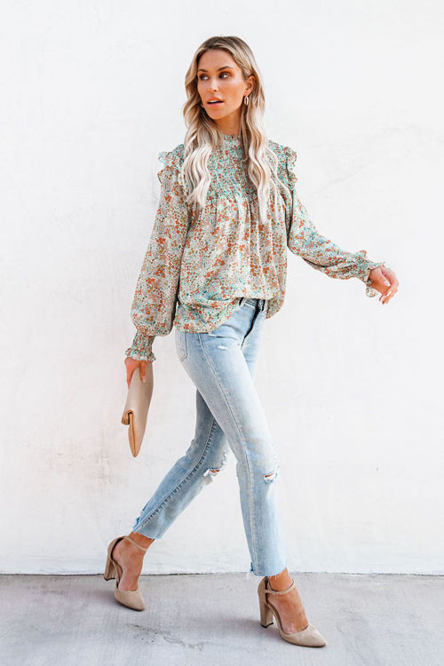Evermore Floral Print Smocked Ruffle Top