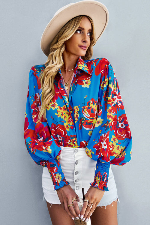 Life Of Affection Print Button Down Smocked Top - 7 Colors