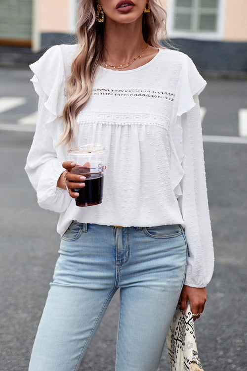 Miss You So Swiss Dot Lace Ruffled Long Sleeve Top
