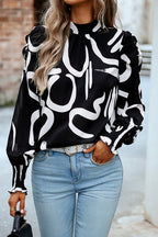 Certain Affection Print Statement Sleeve Smocked Top