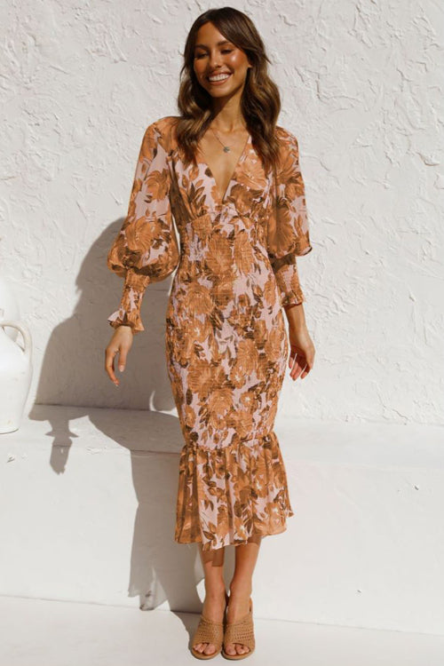 Stay Close Floral Print Smocked Midi Dress