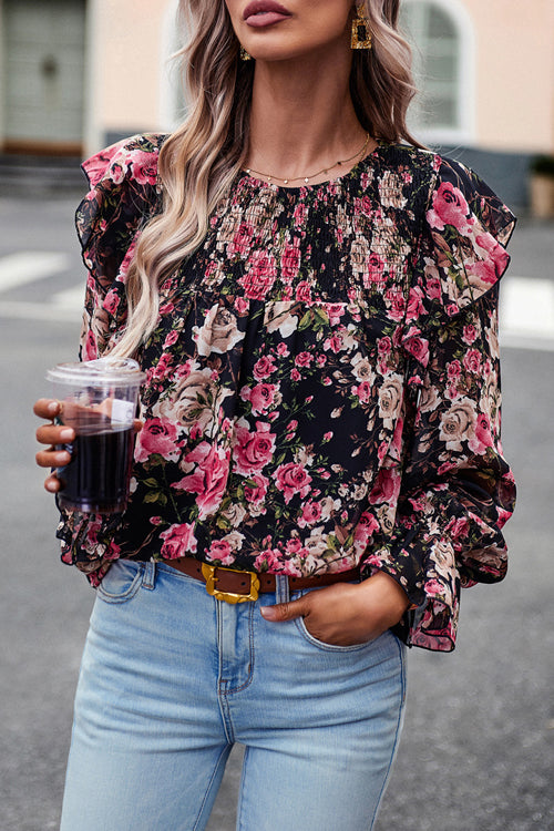 By The Garden Floral Print Long Sleeve Smocked Top