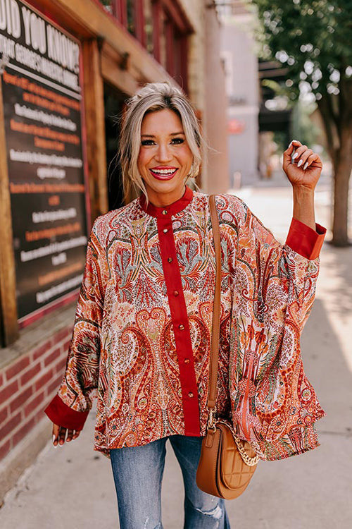 Charming Time Print Button Down Long Sleeve Top