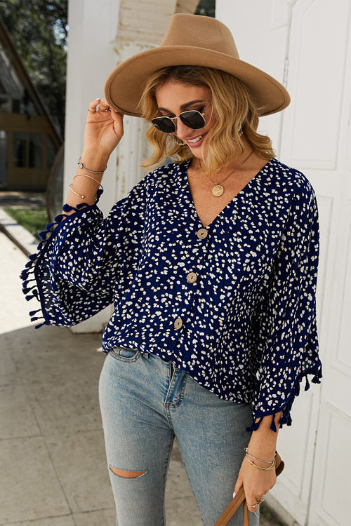Golden Glow Soul Printed Tassel Button-Up Top