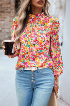Certain Affection Print Statement Sleeve Smocked Top
