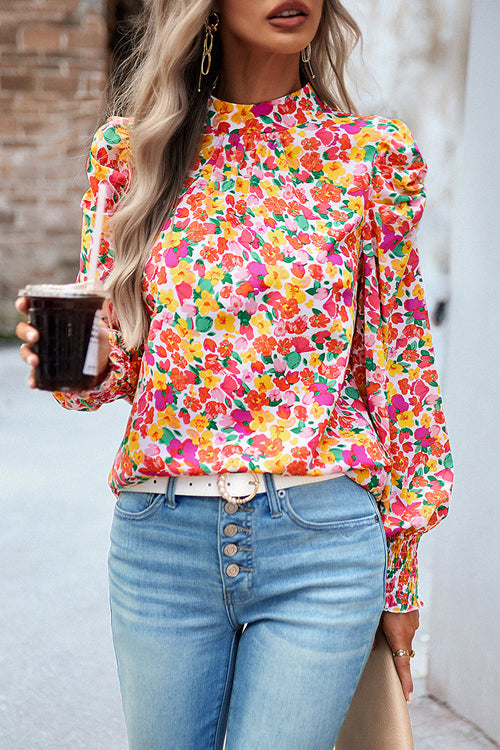 Certain Affection Print Statement Sleeve Smocked Top
