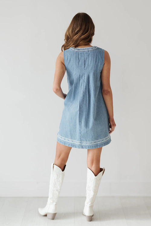Summer Charmer Lace Pocket Denim Mini Dress