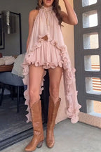 Delightful Potential Ruffled Sleeveless Chiffon Suit