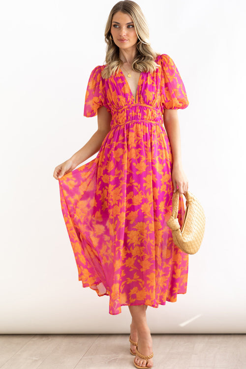 Real Affection Print Puff Sleeve Maxi Dress