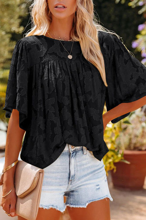 Mind On Golden Glow Floral Jacquard Short Sleeve Top