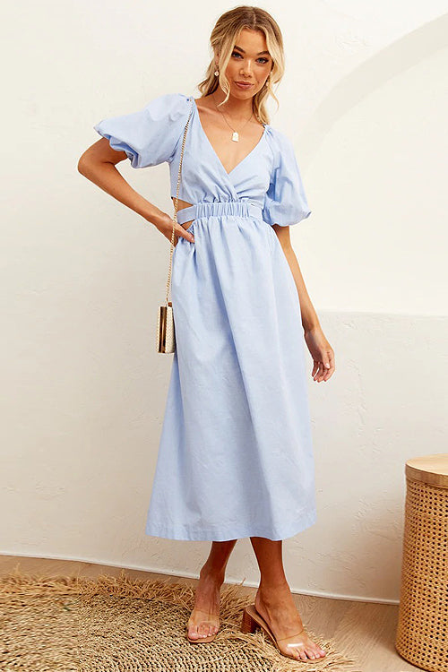 In Affection Forever Puff Sleeve Cutout Midi Dress