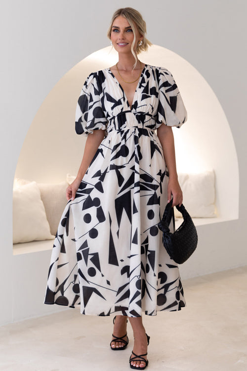 Real Affection Print Puff Sleeve Maxi Dress
