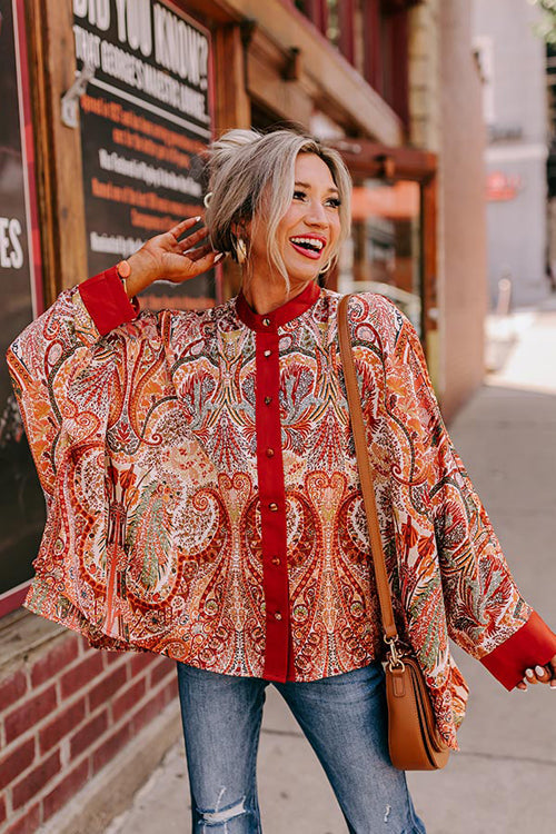 Charming Time Print Button Down Long Sleeve Top
