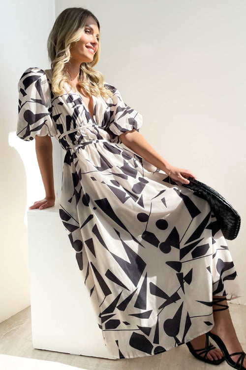 Real Affection Print Puff Sleeve Maxi Dress