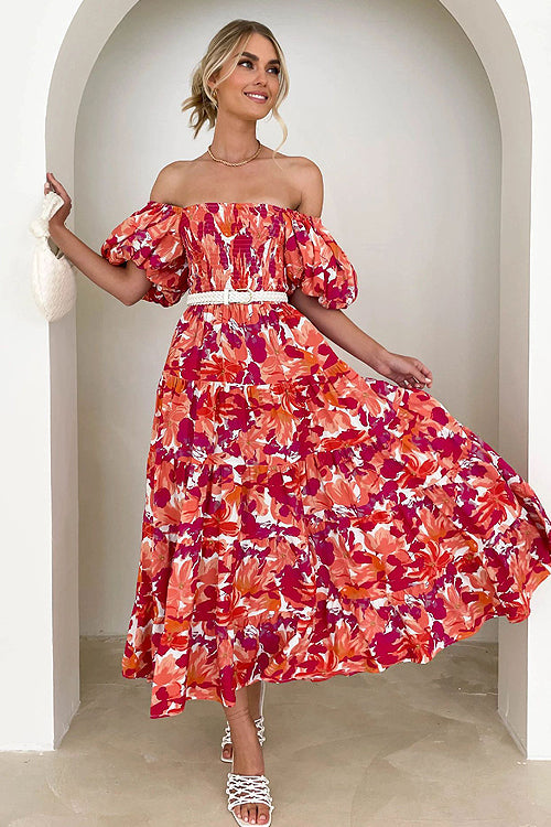 Beloved Daylily Floral Print Off Shoulder Smocked Maxi Dress