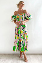 Beloved Daylily Floral Print Off Shoulder Smocked Maxi Dress