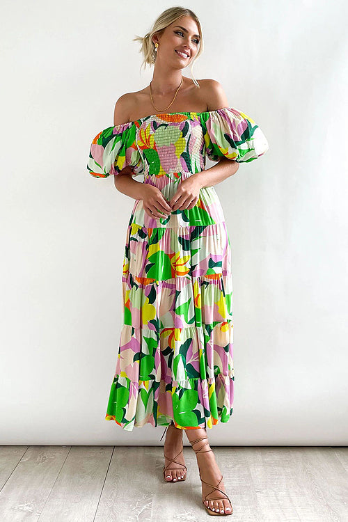 Beloved Daylily Floral Print Off Shoulder Smocked Maxi Dress