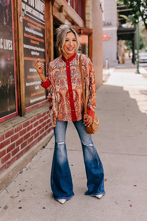Charming Time Print Button Down Long Sleeve Top
