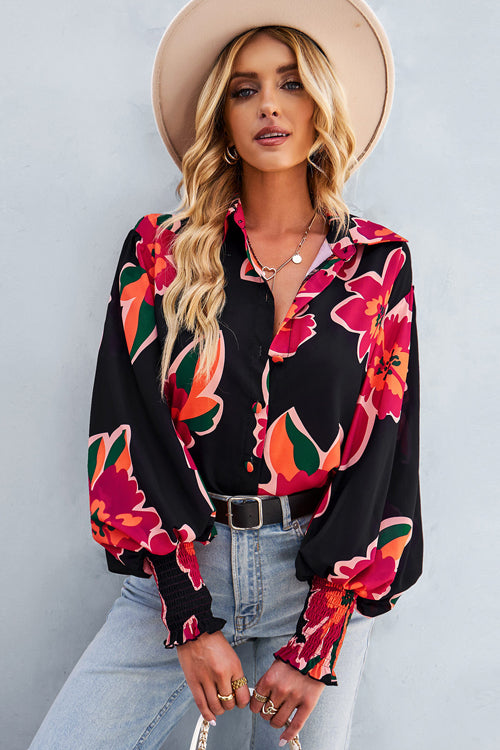 Life Of Affection Print Button Down Smocked Top - 7 Colors