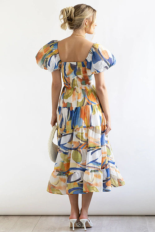 Beloved Daylily Floral Print Off Shoulder Smocked Maxi Dress