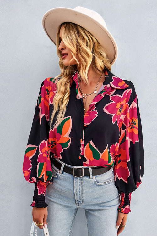 Life Of Affection Print Button Down Smocked Top - 7 Colors