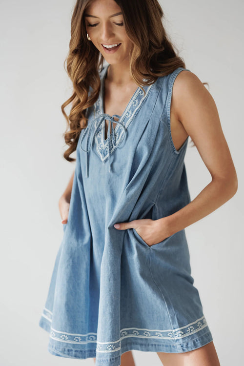Summer Charmer Lace Pocket Denim Mini Dress