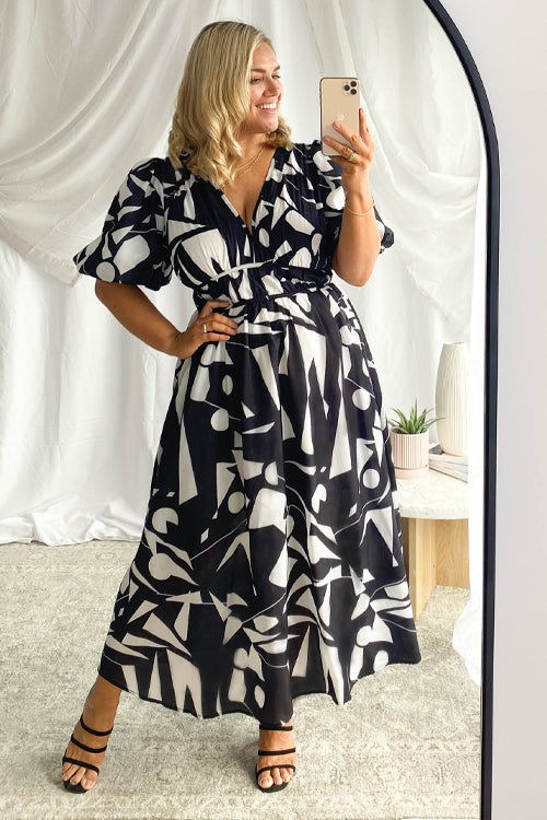 Real Affection Print Puff Sleeve Maxi Dress