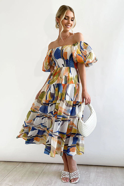 Beloved Daylily Floral Print Off Shoulder Smocked Maxi Dress