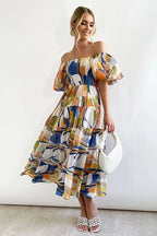 Beloved Daylily Floral Print Off Shoulder Smocked Maxi Dress