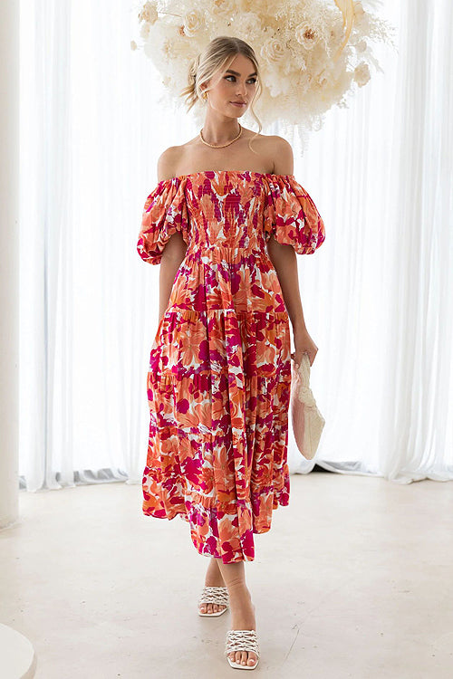Beloved Daylily Floral Print Off Shoulder Smocked Maxi Dress