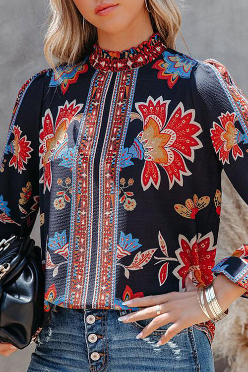 Affection Always Print Smocked Long Sleeve Top