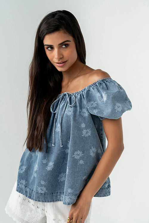 Endlessly Assured Short Sleeve Print Denim Top