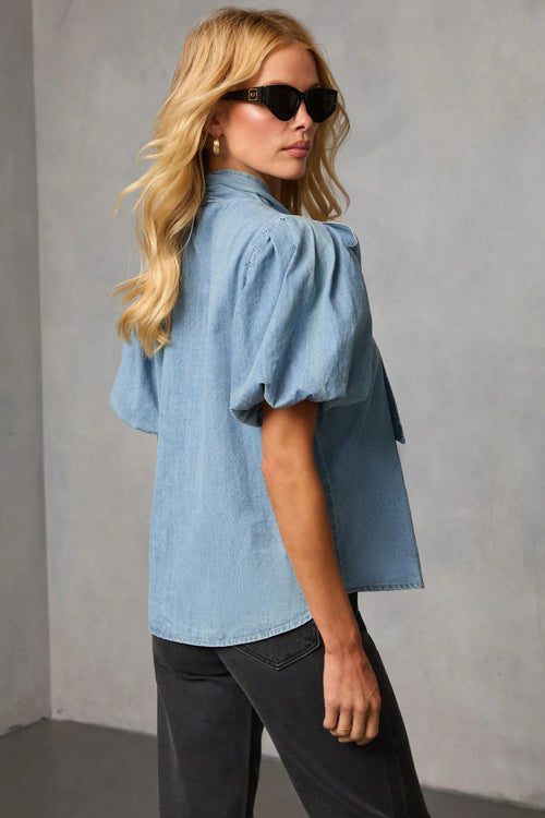 Daily Mood Tie-Front Short Sleeve Denim Top