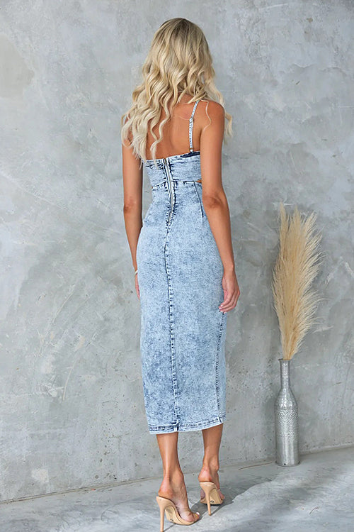 Free-Spirited Style Denim Bodycon Midi Dress