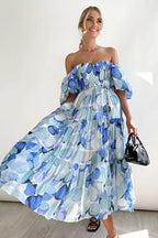 Beloved Daylily Floral Print Off Shoulder Smocked Maxi Dress