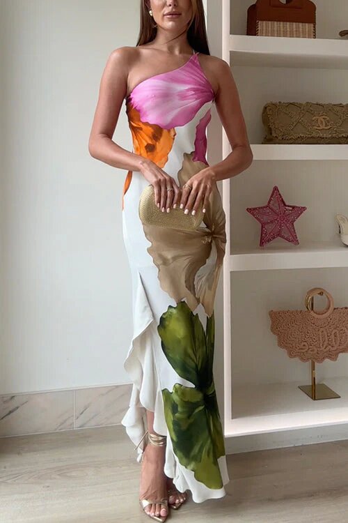Compelling Romance-Inspired One Shoulder Floral Print Maxi Dress
