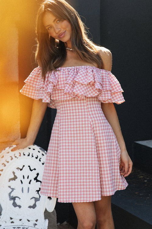 Essentially Delightful Off Shoulder Gingham Mini Dress