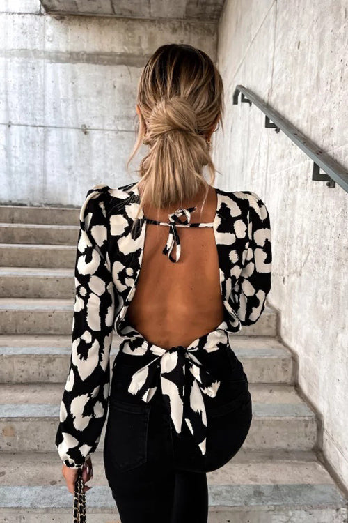 Season To Glow Leopard Backless Long Sleeve Top