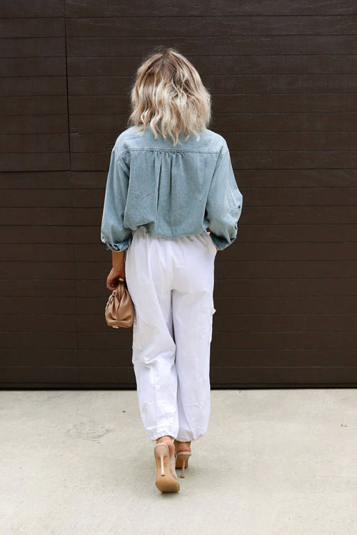 Endlessly Assured Denim Cropped Long Sleeve Top