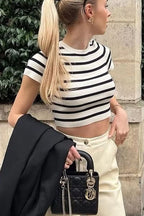Cool Muse Essence Striped Short Sleeve Knit Top