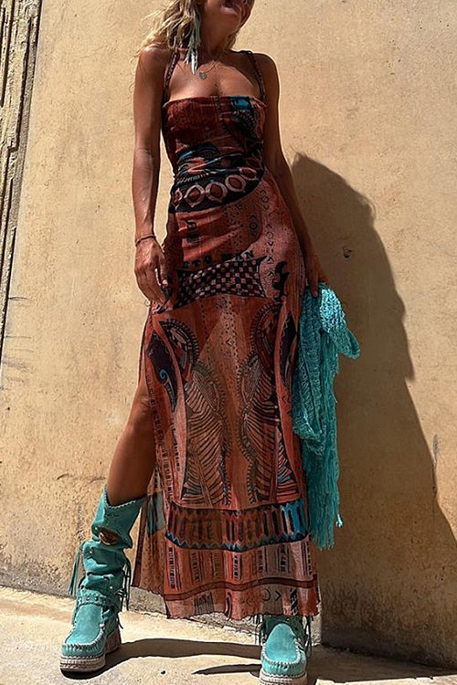 Vibrant Muse Bohemian Print Drawstring Maxi Dress
