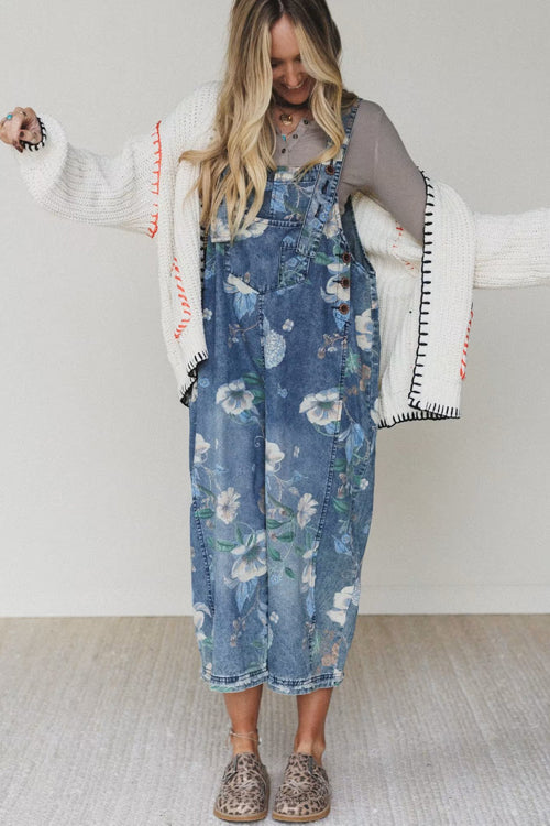 Blushing Radiance Print Denim Sleeveless Jumpsuit