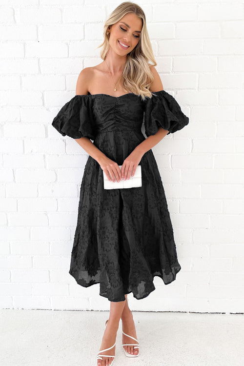 Classic Elegance Puff Sleeve Floral Embroidery Midi Dress