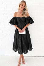 Classic Elegance Puff Sleeve Floral Embroidery Midi Dress