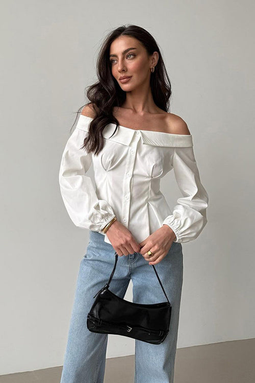 Demure and Delightful Off Shoulder Long Sleeve Top