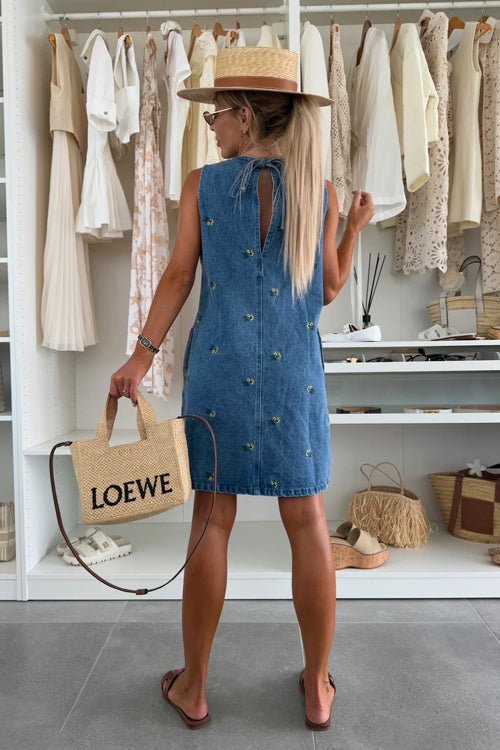 Enchanted Strolls Embroidered Tie-Back Denim Mini Dress