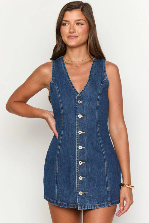 Vacation Status Tie-Back Denim Mini Dress