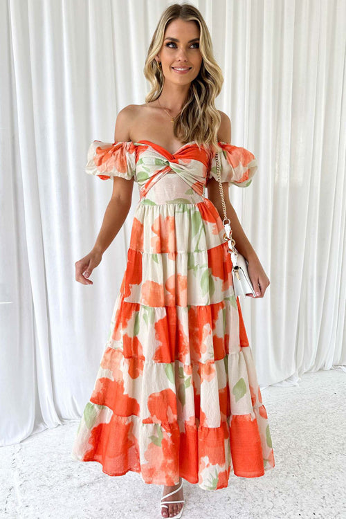 Clear Affection Printed Puff Sleeve Maxi Dress