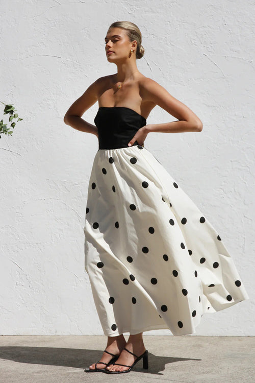 Beloved Daylily Strapless Dot Maxi Dress